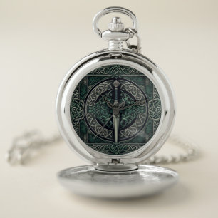 Celtic Green and Silver Sword Pocket Watch