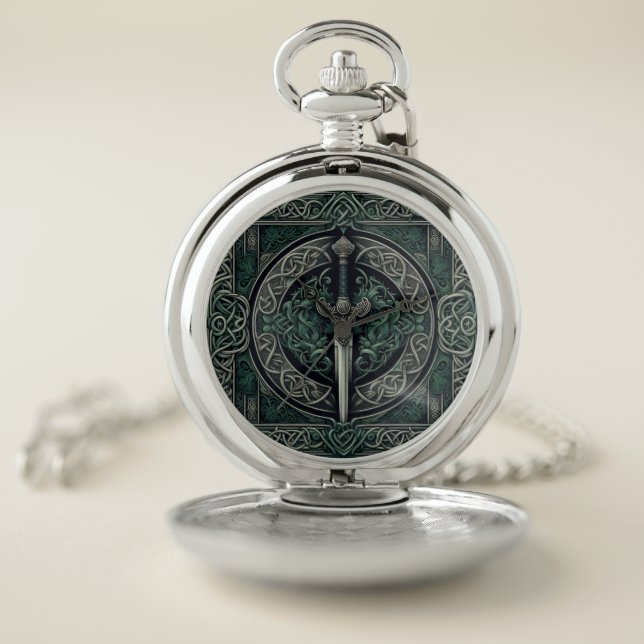 Celtic Green and Silver Sword Pocket Watch (Inside)