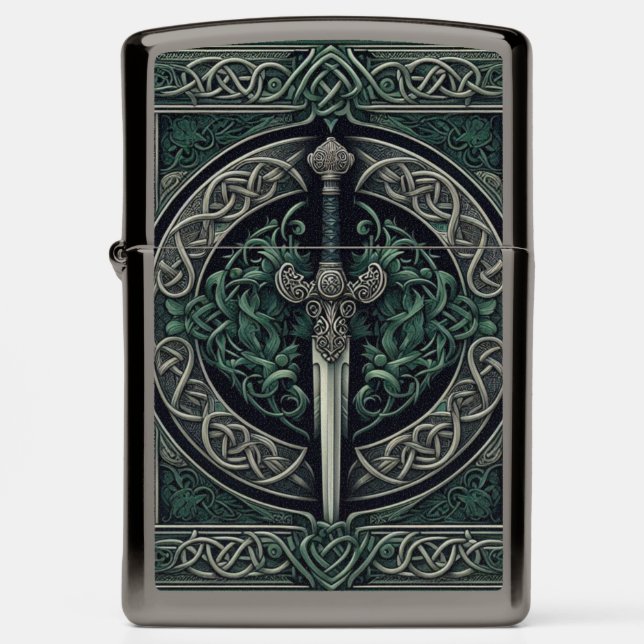 Celtic Green and Silver Sword Zippo Lighter (Front)