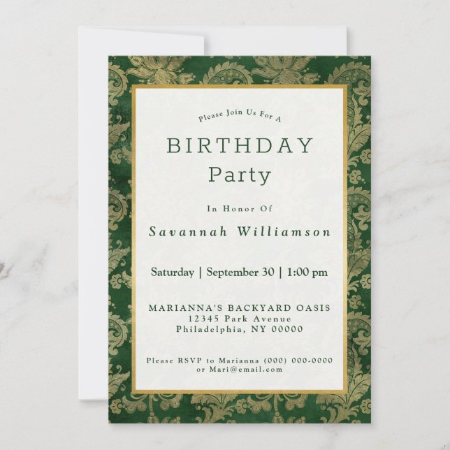 Celtic Green Gold Paisley Floral Birthday Invitation (Front)