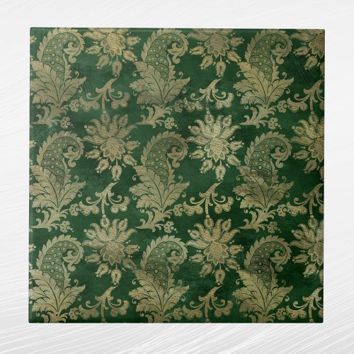 Celtic Green Gold Paisley Floral Pattern Ceramic Tile