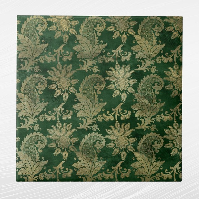 Celtic Green Gold Paisley Floral Pattern Ceramic Tile (Creator Uploaded)