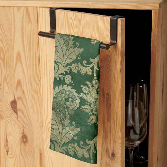Celtic Green Gold Paisley Floral Pattern Kitchen Towel (Thirds Fold)