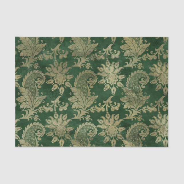 Celtic Green Gold Paisley Floral Pattern Tissue Paper (Front)