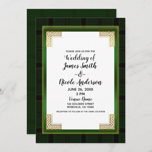 Celtic Green Gold Plaid Tartan White Irish Wedding Invitation