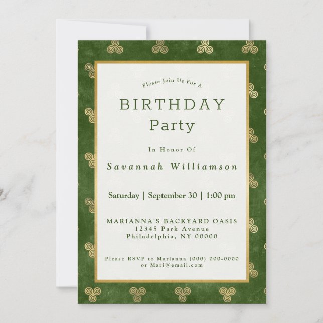 Celtic Green Gold Triple Spiral Birthday Invitation (Front)