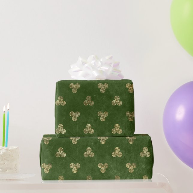 Celtic Green Gold Triple Spiral Wrapping Paper (Party Gifts)