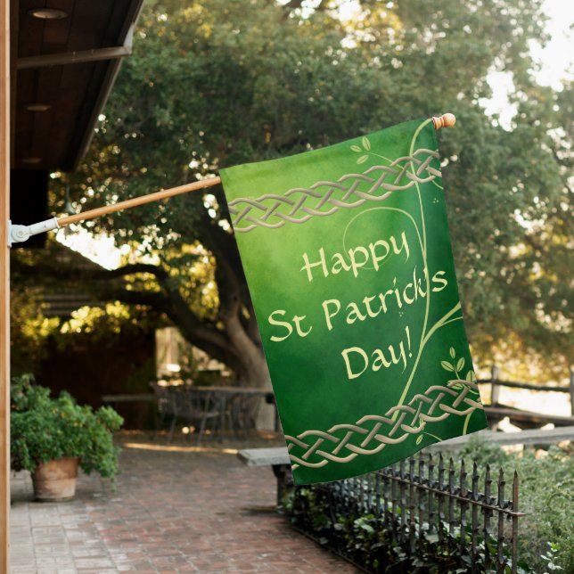 Celtic Green Knots & Leaves House Flag (In SItu)