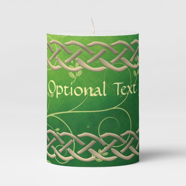 Celtic Green Knots & Leaves Pillar Candle (Front)