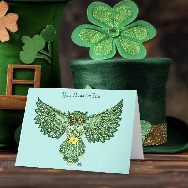 Celtic Green Knotwork Owl Flight Spread Wings Card (Creator Uploaded)