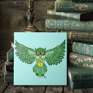 Celtic Green Knotwork Owl Flight Spread Wings Ceramic Tile