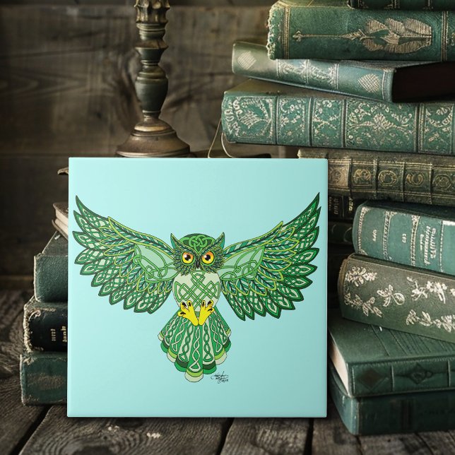 Celtic Green Knotwork Owl Flight Spread Wings Ceramic Tile (Creator Uploaded)