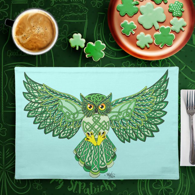 Celtic Green Knotwork Owl Flight Spread Wings Cloth Placemat (Creator Uploaded)