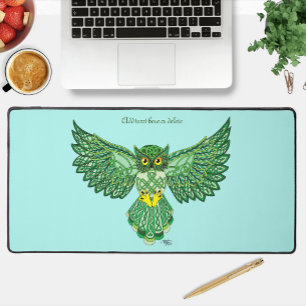 Celtic Green Knotwork Owl Flight Spread Wings Desk Mat