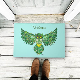 Celtic Green Knotwork Owl Flight Spread Wings Doormat