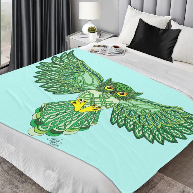 Celtic Green Knotwork Owl Flight Spread Wings Fleece Blanket (Creator Uploaded)