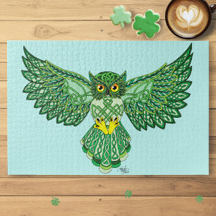 Celtic Green Knotwork Owl Flight Spread Wings Jigsaw Puzzle
