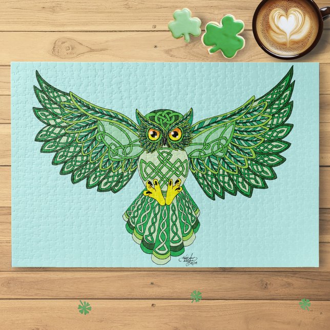 Celtic Green Knotwork Owl Flight Spread Wings Jigsaw Puzzle (Creator Uploaded)