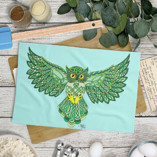 Celtic Green Knotwork Owl Flight Spread Wings Kitchen Towel