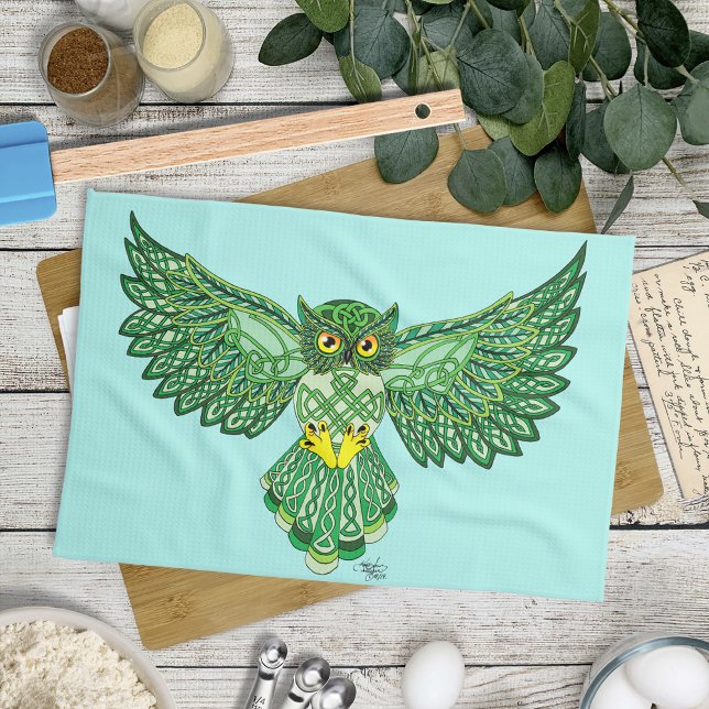 Celtic Green Knotwork Owl Flight Spread Wings Kitchen Towel (Creator Uploaded)