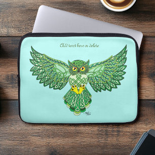 Celtic Green Knotwork Owl Flight Spread Wings Laptop Sleeve