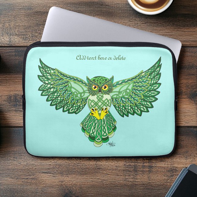 Celtic Green Knotwork Owl Flight Spread Wings Laptop Sleeve (Creator Uploaded)