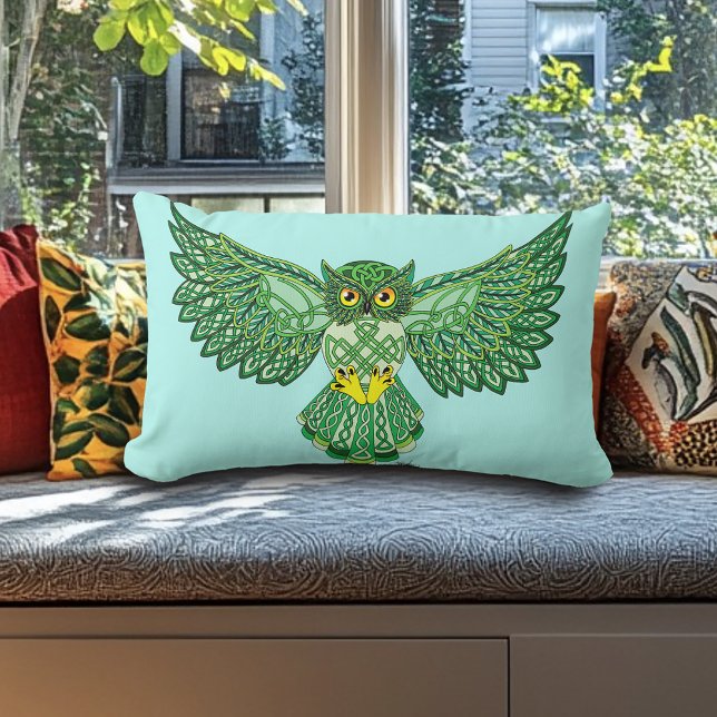 Celtic Green Knotwork Owl Flight Spread Wings Lumbar Pillow (Creator Uploaded)