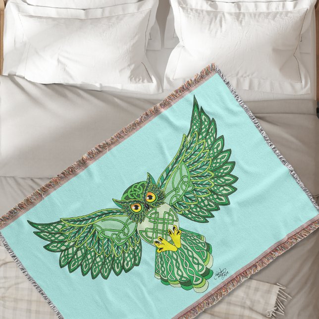 Celtic Green Knotwork Owl Flight Spread Wings Throw Blanket (Creator Uploaded)