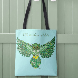 Celtic Green Knotwork Owl Flight Spread Wings Tote Bag