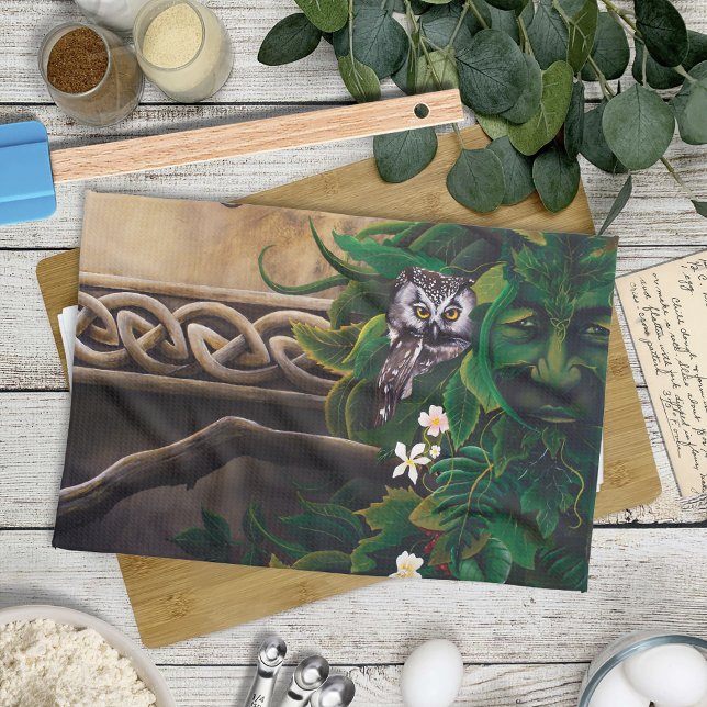 Celtic Green Man Owl Forest Spirit Fantasy Kitchen Towel (Creator Uploaded)