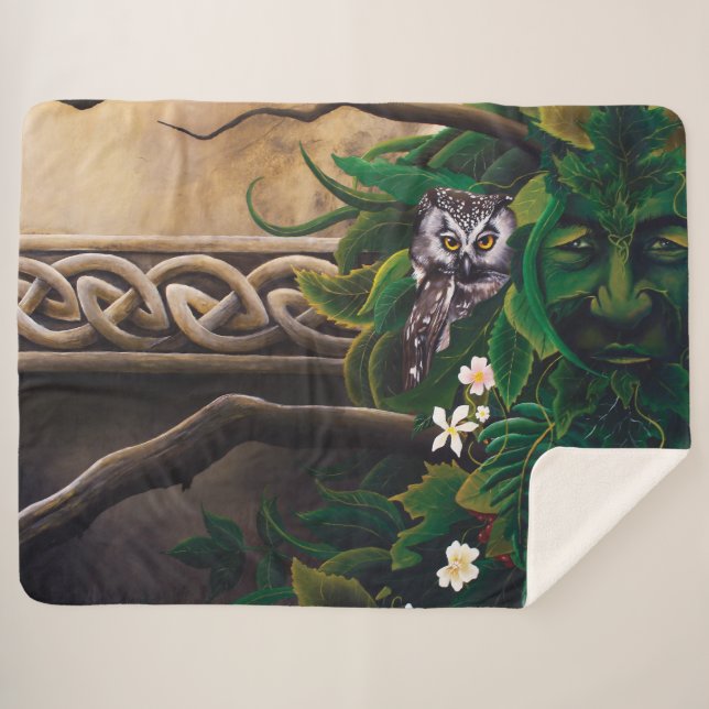 Celtic Green Man Owl Forest Spirit Fantasy Sherpa Blanket (Front (Horizontal))