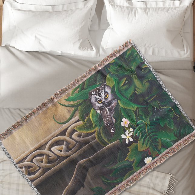 Celtic Green Man Owl Forest Spirit Fantasy Throw Blanket (Creator Uploaded)