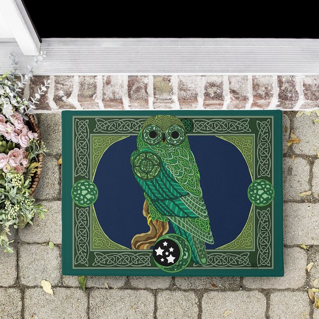 Celtic Green Owl Knotwork Art Nouveau  Doormat (Creator Uploaded)
