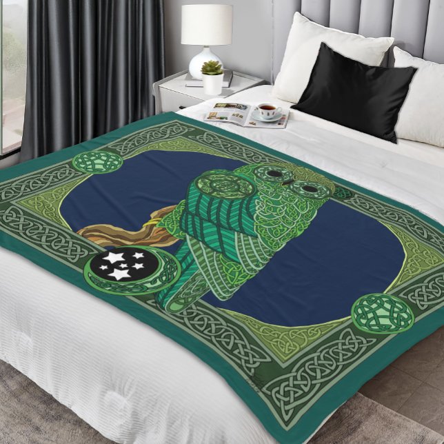 Celtic Green Owl Knotwork Art Nouveau Fleece Blanket (Creator Uploaded)