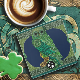 Celtic Green Owl Knotwork Art Nouveau Glass Coaster