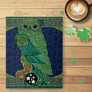 Celtic Green Owl Knotwork Art Nouveau Jigsaw Puzzle