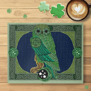 Celtic Green Owl Knotwork Art Nouveau Jigsaw Puzzle