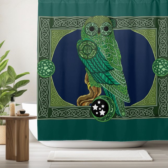 Celtic Green Owl Knotwork Art Nouveau Shower Curtain (Creator Uploaded)