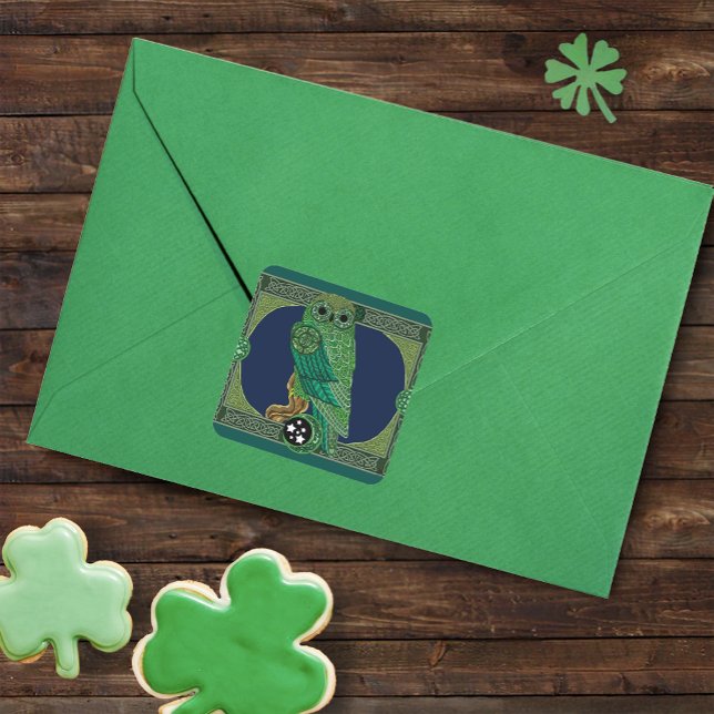 Celtic Green Owl Knotwork Art Nouveau Square Sticker (Creator Uploaded)