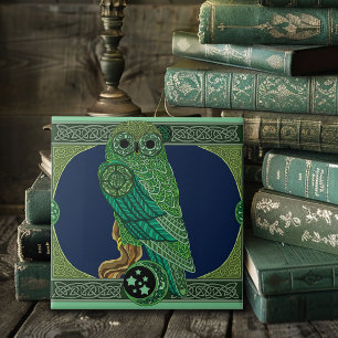 Celtic Green Owl Knotwork Art Nouveau Tile