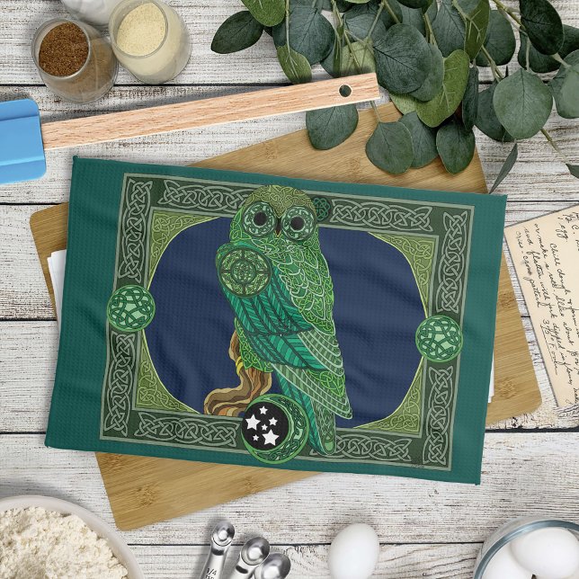 Celtic Green Owl Knotwork Art Nouveau Towel (Creator Uploaded)