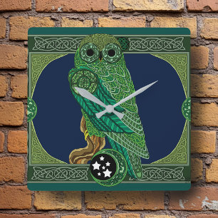 Celtic Green Owl Square Wall Clock