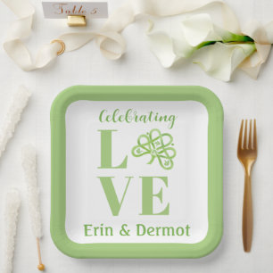 Celtic Green Watercolor Shamrock NAME Bridal Paper Plates
