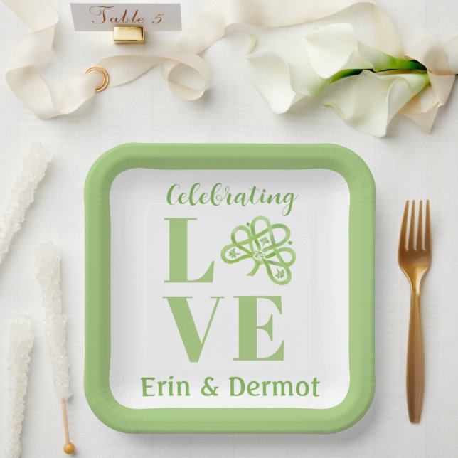 Celtic Green Watercolor Shamrock NAME Bridal Paper Plates (Wedding)