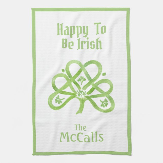 Celtic Green Watercolor Shamrock NAME Kitchen Towel (Vertical)