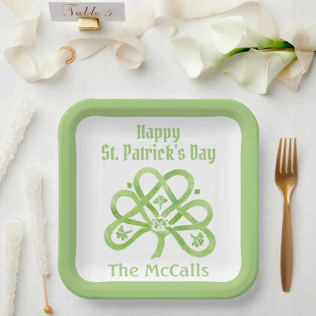 Celtic Green Watercolor Shamrock NAME St Patricks  Paper Plates (Wedding)