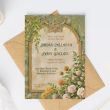 Celtic Green Wildflower Vintage Wedding Invitation