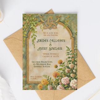 Celtic Green Wildflower Vintage Wedding Invitation