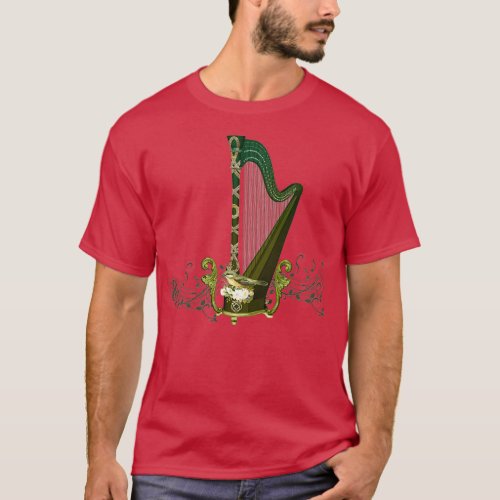 Celtic harp with celtic knot and flowers with bird T_Shirt