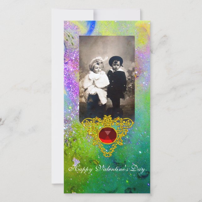 CELTIC HEART IN VIOLET,GREEN ,YELLOW GOLD SPARKLES HOLIDAY CARD (Front)